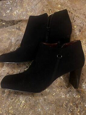 Women’s Black Suede Ankle Booties with Block Heel